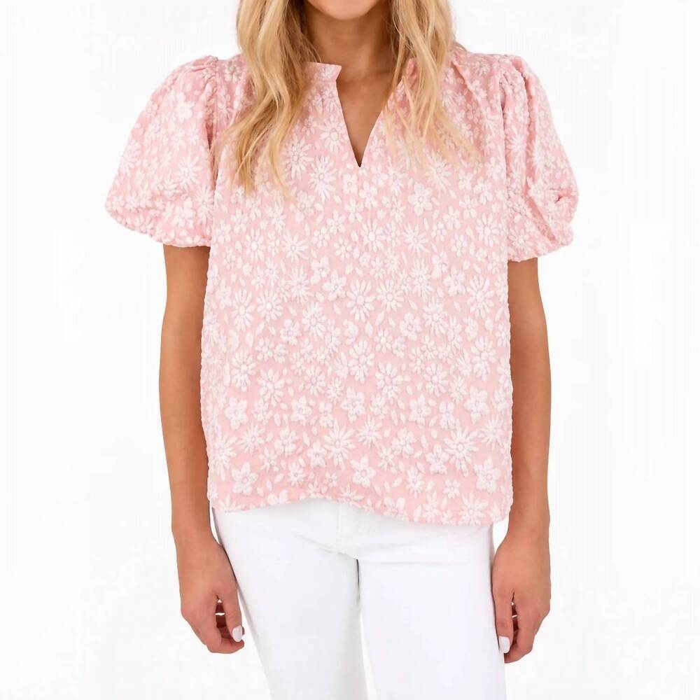 NEW BIBI floral pattern texture sleeve ruffle neck top in blush